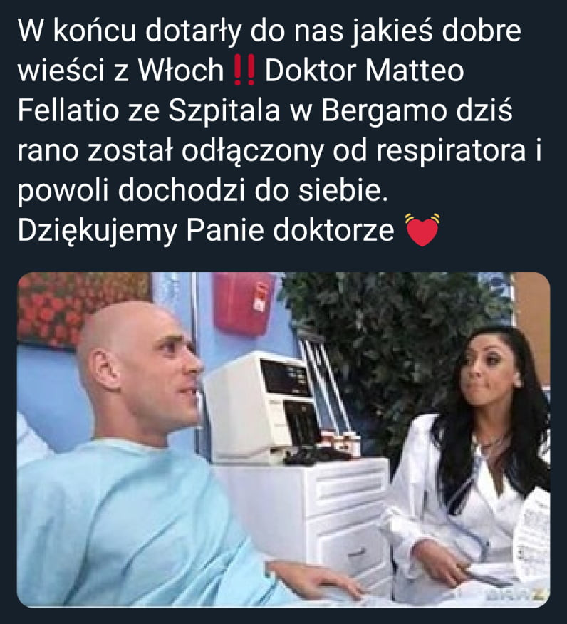 w końcu dotarły do nas jakieś dobre wieści z włoch doktor matheo feiiatio ze szpitala w bergamo dzis rano został odłączony od respiratora i powoli dochodzi do siebie. dziękujemy panie doktorze