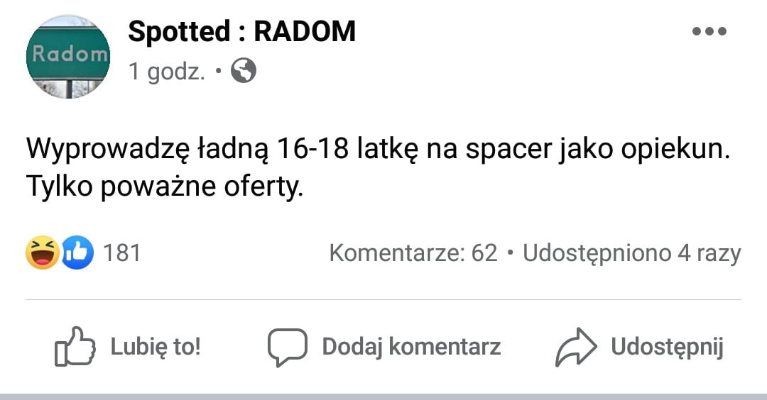 spotted radom.     godz. wyprowadzę ładną       iat-ę na spacerjako opiekun. tylko poważne oferty. o     komentarze    udostępniono   razy ó lubię to d dodaj komentarz udostępnij