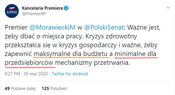 kancelaria premiera. premierrp premier morawieckim w polskisenat ważnejest żeby dbać o miejsca pracy. kryzys zdrowotny przekształca się w kryzys gospodarczy i ważne żeby zapewnić maksymalne dla budżetu a minimalne dla przedsiębiorców mechanizmy przetrwania.     pm   mar     twmerforandrom    podane ram l   pembren