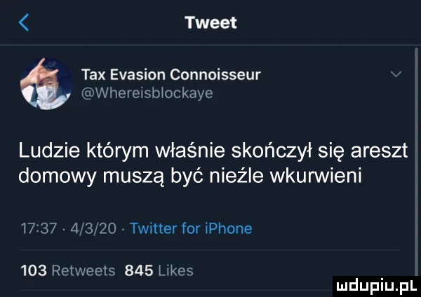 tweet tex evasion connoisseur v wherewsb ockaye ludzie którym właśnie skończył się areszt domowy muszą być nieźle wkurwieni              twitter for iphone     relweets     lakes mduplu pl