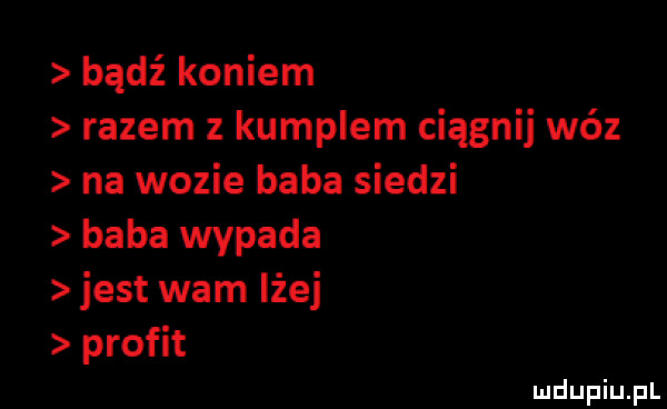 bądź koniem razem z kumplem ciągnij wóz na wozie baba siedzi baba wypada jest warn lżej profit