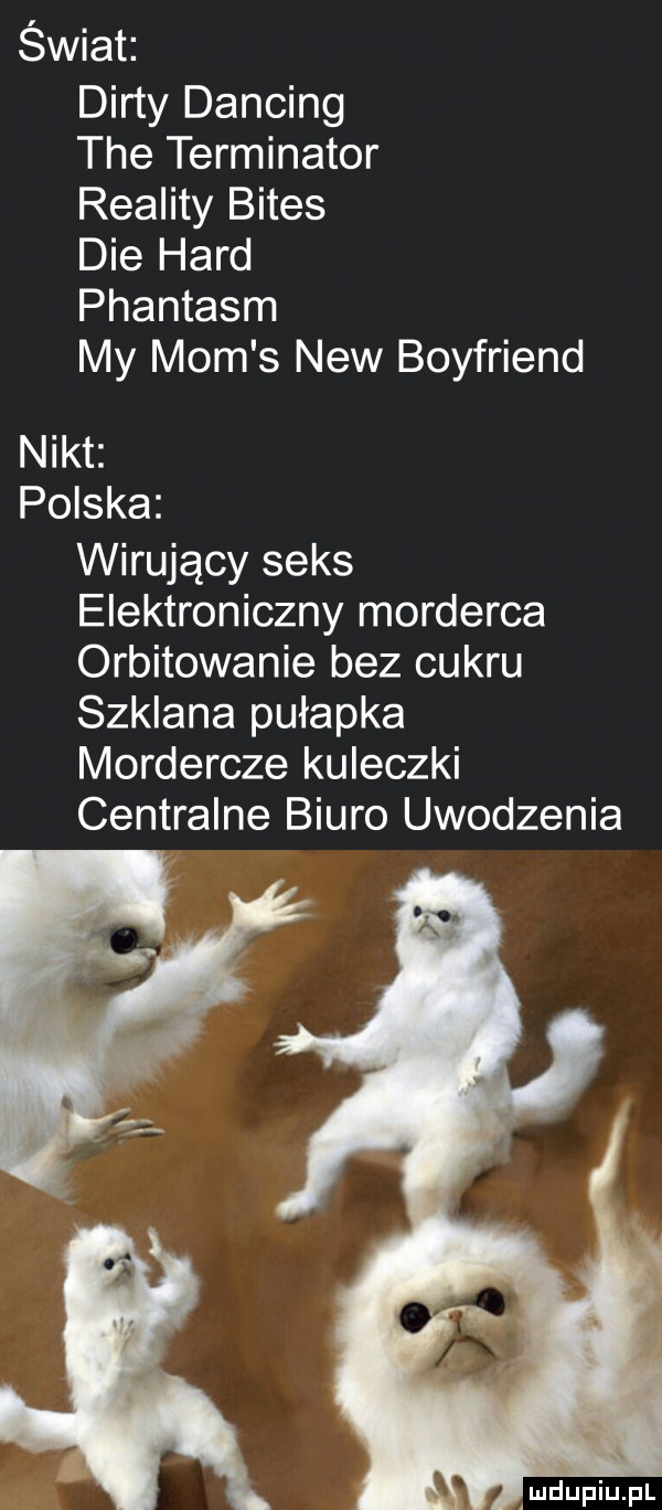świat dirty dancing tee terminator reality bites dce hord phantasm my mam s naw boyfriend nikt polska wirujący seks elektroniczny morderca orbitowanie bez cukru szklana pułapka mordercze kuleczki centralne biuro uwodzenia amdupiupl