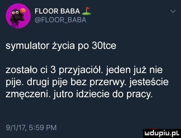 fluor baba flooribaba symulator życia po   tee zostało ci   przyjaciół. jeden już nie pije. drugi pije bez pszenny. jesteście zmęczeni. jutro idziecie do pracy.           pm l mduplu pl