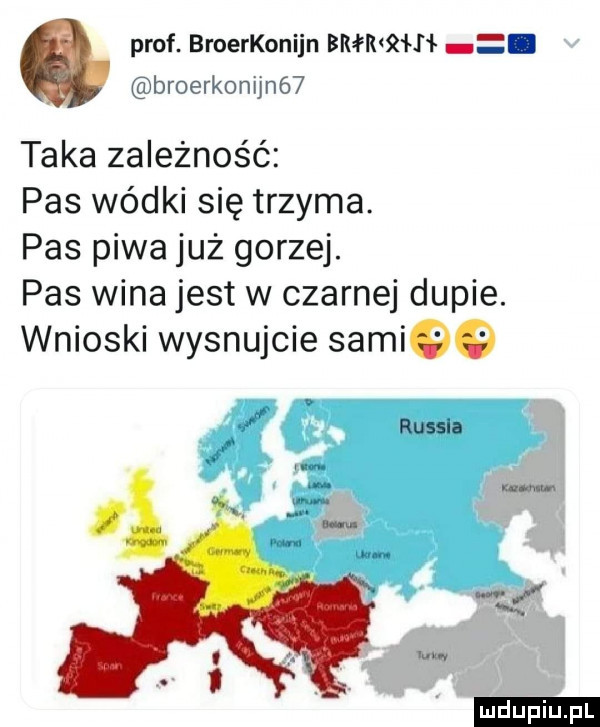 prof. broerkonijn bak sch broerkonun   taka zależność pas wódki się trzyma. pas piwa już gorzej. pas wina jest w czarnej dupie. wnioski wysnujcie samico russia mew ludu iu. l