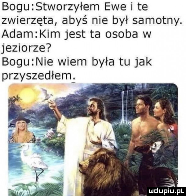 bogu stworzyłem ewe i te zwierzęta abyś nie był samotny. adam kim jest ta osoba w jeziorze boguznie wiem była tu jak przyszedłem