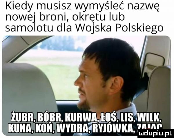 kiedy musisz wymyślać nazwę nowej broni okrętu lub samolotu dla wojska polskiego żiibii. baba kiirwaałllś las wilk. kaika. kaik wynika kyiówka mdupiu. pl