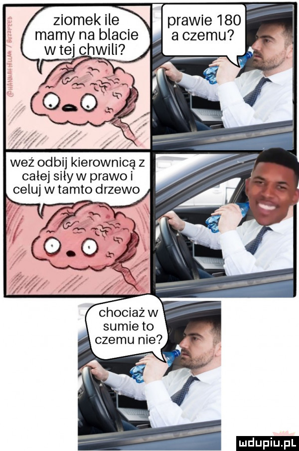 ziomek ile mamy na blacie w tej chwili prawie     a czemu wez odbij kierownicą z całej siły w prawo i celuj w tamto drzewo chociaż w sumie to ludu iu. l