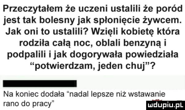 przeczytałem że uczeni ustalili że poród jest tak bolesny jak spłonięcie żywcem. jak oni to ustalili wzięli kobietę która rodziła całą noc oblali benzyną i podpalili imak dogorywała powiedziała potwierdzam jeden chuj na koniec dodala nadal lepsze niż wstawanie rano do pracy