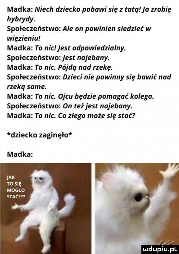 madka niech dziecko pobawi się   tatą ja zrobię hybrydy. społeczeństwo ale on powinien siedzieć w więzieniu madka to nic jest odpowiedzialny. społeczeństwo jest najebany. madka to nic. pójdq nad rzekę. społeczeństwo dzieci nie powinny się bawić nad rzeką same. madka to nic. ojcu będzie pomagać kolega. społeczeństwa  n też jest najebany. madka to nic. co złego może się stać dziecko zaginelo madka jak to się mamo stac