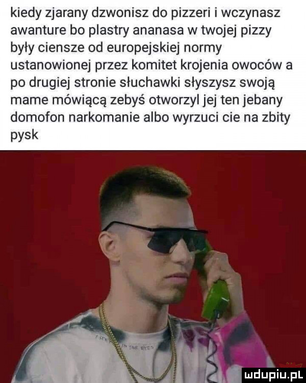 kiedy zjarany dzwonisz do pizzeri i wrzynasz awanture bo plastry ananasa w twojej pizzy były ciensze od europejskiej normy ustanowionej przez komitet krojenia owoców a po drugiej stronie słuchawki słyszysz swoją mame mówiącą zebyś otworzyl jej ten jebany domofon narkomanie albo wyrzuci cie na zbity pysk. a   j