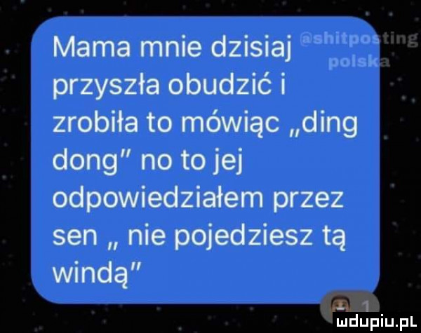 mama mnie dzisiaj przyszła obudzić i zrobiła to mówiąc deng dong no to jej odpowiedziałem przez sen nie pojedziesz tą windą