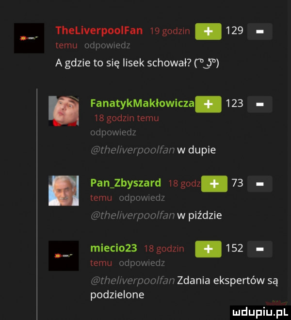 theliverpooifan   godom.     temu mm a gdzie to się lisek schował   i fanatykmakdowicza     ibgcdzrn temu w wweﬂl he wer pm fan w dupie. pan zbyszard    godz.    temu rd   ethel var pio fan w piździe mieci     godom     temu ij ww ube wemoo hm zdania ekspertów są podzielone