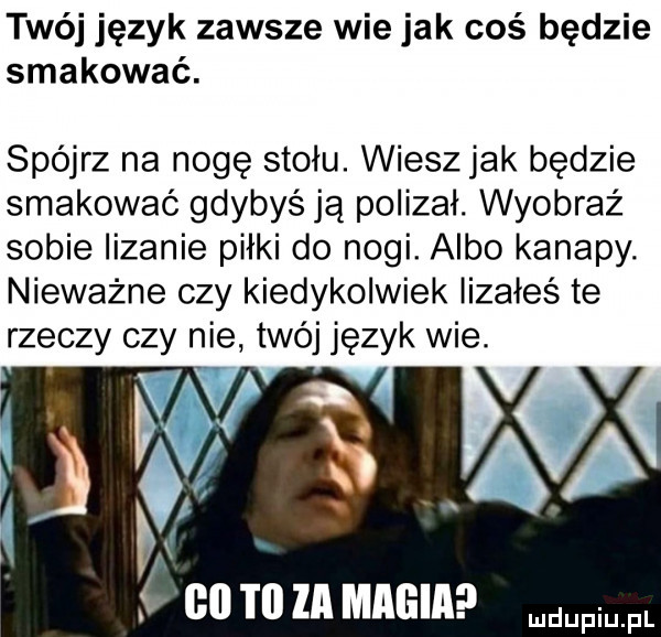 twój język zawsze wie jak coś będzie smakować. spójrz na nogę stołu. wiesz jak będzie smakować gdybyś ją polizai. wyobraź sobie lizanie piłki do nogi. albo kanapy. nieważne czy kiedykolwiek lizałeś te rzeczy czy nie twój język wie. f x. cn to m mag