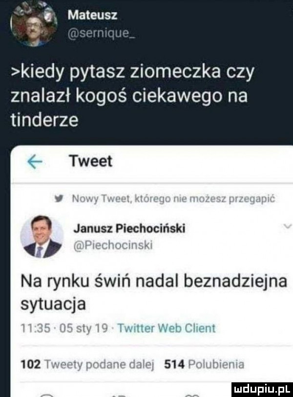 i mateusz     kiedy pytasz ziomeczka czy znalazł kogoś ciekawego na tonderze tweet    n janusz piechociński i na rynku świń nadal beznadziejna sytuacja. wumenclmm          w         ww