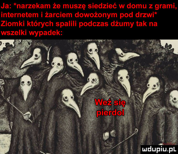 ja narzekam że muszę siedzieć w domu z grami internetem i żarciem dowożonym pod drzwi ziomki których spalili podczas dżumy tak na wszelki wypadek mﬂupﬁupl