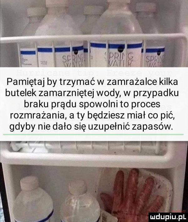 pamiętaj by trzymać w zamrażalce kilka butelek zamarznięte wody w przypadku braku prądu spowolni to proces rozmrażania a ty będziesz miał co pić gdyby nie dało się uzupełnić zapasów