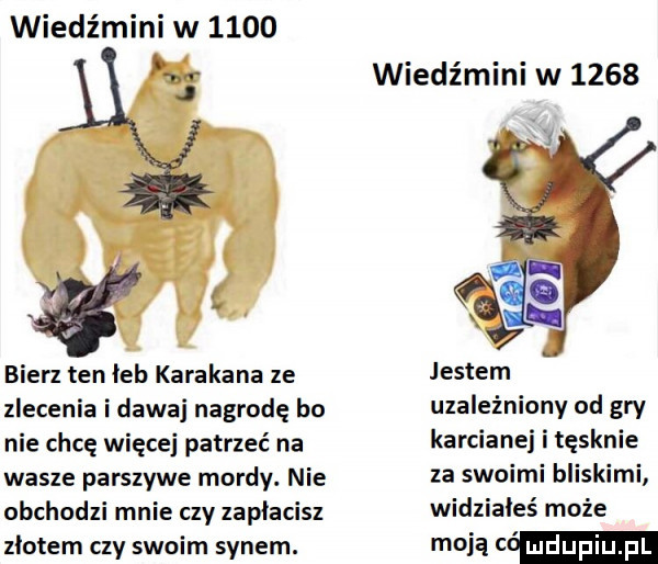 wiedźmini w      bierz ten leb karakana ze zlecenia i dawaj nagrodę bo nie chcę więcej patrzeć na wasze parszywe mordy. nie obchodzi mnie czy zapłacisz zlotem czy swoim synem. wiedźmini w      uzależniony od gry karcianej i tęsknie za swoimi bliskimi widziałeś może majac
