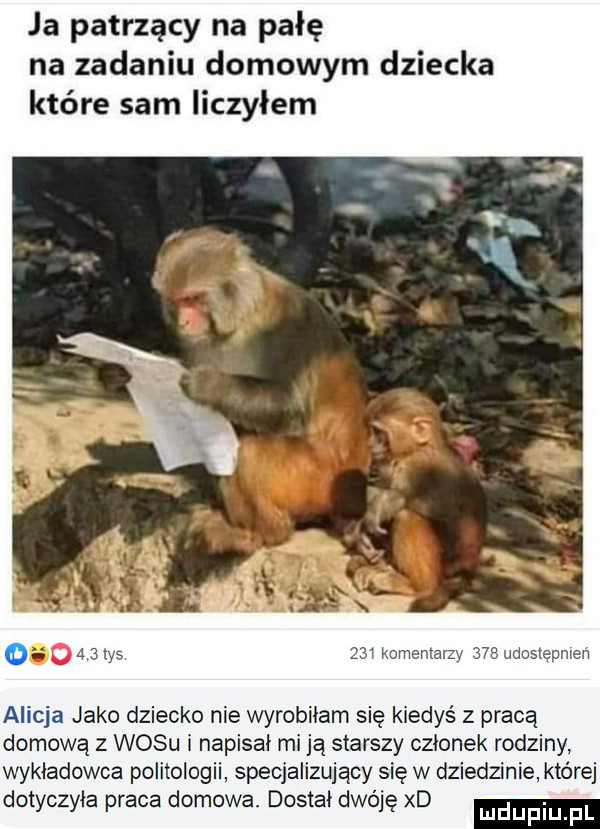 ja patrzący na pałę na zadaniu domowym dziecka które sam liczyłem o   aids     komentarzy     udostępnien alicja jako dziecko nie wyrobilam się kiedyś z pracą domową z wisu i napisal mi ją starszy członek rodziny wykladowca politologii specjalizujący się w dziedzinie które dotyczyla praca domowa. dostal dwóję xd