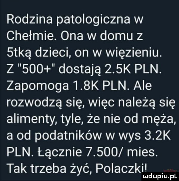 rodzina patologiczna w chełmie. ona w domu z s-ką dzieci on w więzieniu. z     dostają    k pln. zapomoga    k pln. ale rozwodzą się więc należą się alimenty tyle że nie od męża a od podatników w was    k pln. łącznie       mies. tak trzeba żyć polaczki