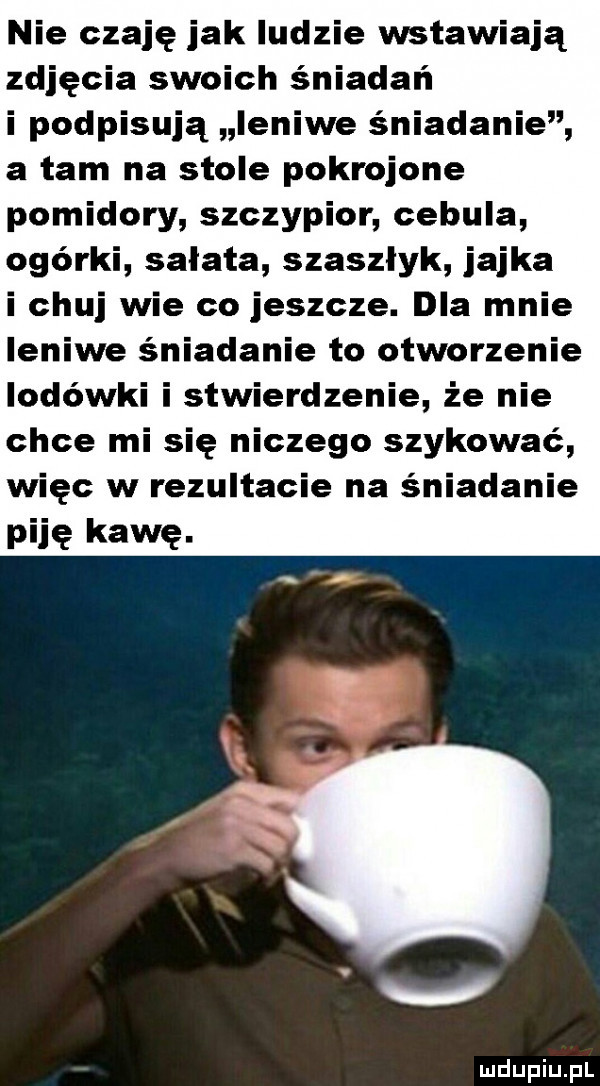 nie czaję jak ludzie wstawiają zdjęcia swoich śniadań i podpisują leniwe śniadanie a tam na stole pokrojone pomidory szczypior cebula ogórki sałata szaszłyk jajka i chuj wie co jeszcze. dla mnie leniwe śniadanie to otworzenie lodówki i stwierdzenie że nie chce mi się niczego szykować więc w rezultacie na śniadanie piję kawę