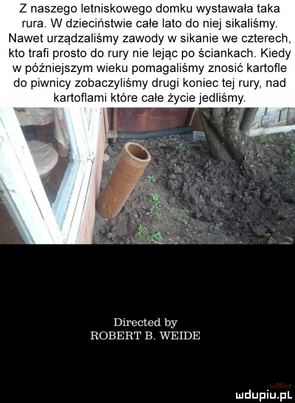 z naszego letniskowego domku wystawała taka rura. w dzieciństwie całe lato do niej sikaliśmy nawet urządzaliśmy zawody w sikanie we czterech kto trafi prosto do raw nie iejąc po ściankach. kiedy w późniejszym wieku pomagaliśmy znosić kartofle do piwnicy zobaczylismy drugi koniec tej rury. nad kartoflami które całe życie jedliśmy. directed by robert e. wende