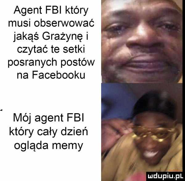 agent fbi który musi obserwować jakąś grażynę i czytać te setki posranych postów na facebooku mój agent fbi który cały dzień. ogląda memy i