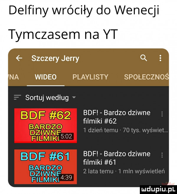 delfiny wróciły do wenecji tymczasem na yt szczery jerry q na wideo playlisty spoleczno sortuj według buf bardzo dziwne filmiki    i dzień emu  o tag wyświni     bd f    buf bardzo dziwne filmiki    azęvbęeq lam  mm i min wyświctien filmikl