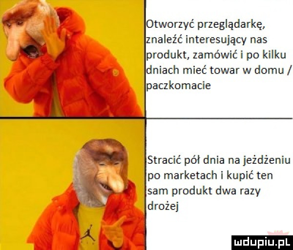 otworzyć przeglądarkę znaleźć interesujący nas produkt zamówili po kilku dniach mieć towar w domu paczkomacie stracić pół dnia na jeżdżeniu po marketach i kupić ten sam produkt dwa razy drożej