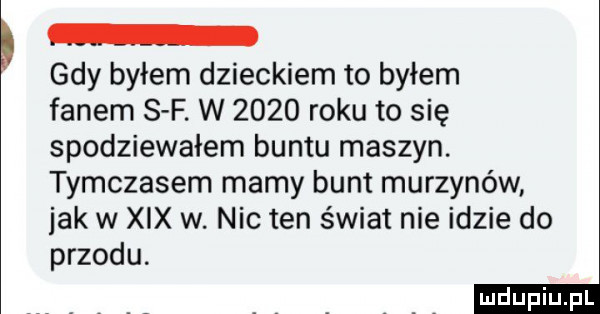 gdy byłem dzieckiem to byłem fanem s f. w      roku to się spodziewałem buntu maszyn. tymczasem mamy bunt murzynów jak w xix w. nie ten świat nie idzie do przodu