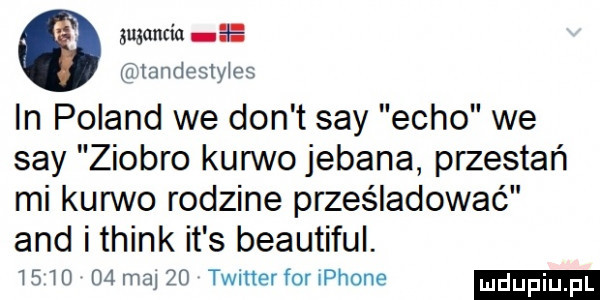 menda ﬁtandes y es in poland we don t say echo we say ziobro kurwo jebana przestań mi kurwo rodzine prześladować and i think it s beautiful.         maj    twiner for iphone
