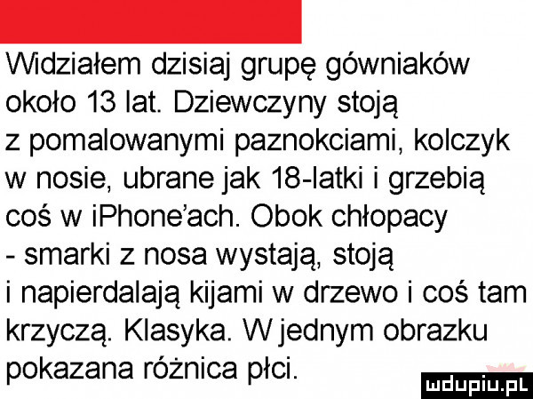 vwdziałem dzisiaj grupę górniaków około    lat. dziewczyny stoją z pomalowanymi paznokciami kolczyk w nosie ubrane jak    iatki i grzebią coś w iphone ach. obok chłopacy smarki z nosa wystają stoją i napierdalają kijami w drzewo i coś tam krzyczą. klasyka. wrednym obrazku pokazana równica płci