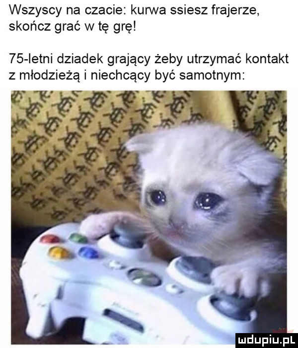 wszyscy na czacie kurwa ssiesz frajerze skończ grać w tę grę    istni dziadek grający żeby utrzymać kontakt z młodzieżą i niechcący być samotnym