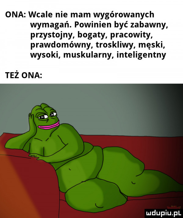 ona wcale nie mam wygórowanych wymagań. powinien być zabawny przystojny bogaty pracowity prawdomówny troskliwy męski wysoki muskularny inteligentny też ona