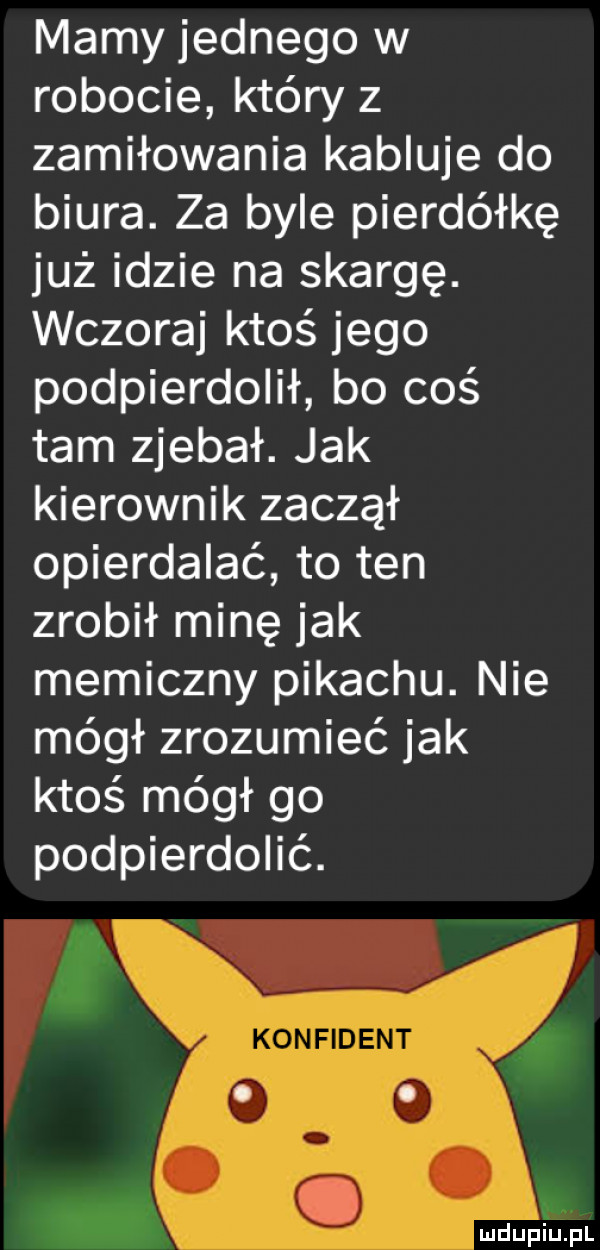 mamy jednego w robocie kiery z zamiłowania kabluje do biura. za byle pierdółkę już idzie na skargę. wczoraj ktoś jego podpierdolił bo coś tam zjebał. jak kierownik zaczął opierdalać to ten zrobił minę jak memiczny pikachu. nie mógł zrozumieć jak ktoś mógł go podpierdolić. mdupilipl