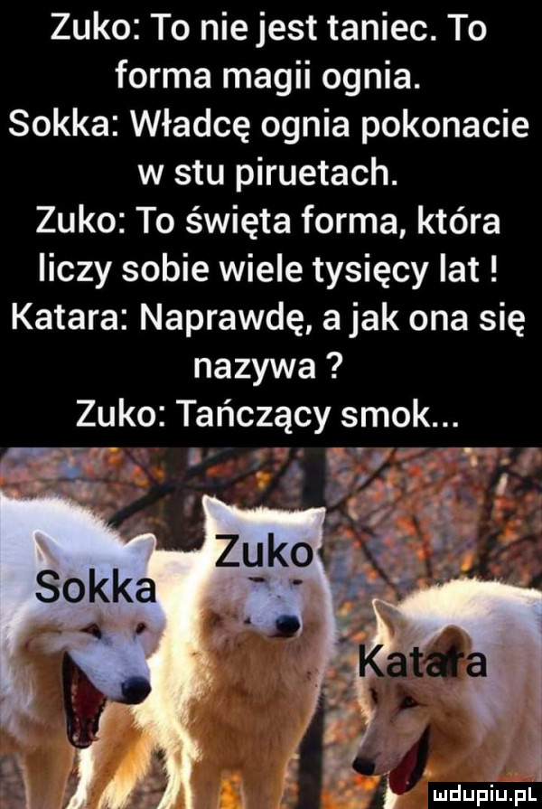 zubo to nie jest taniec. to forma magii ognia. sobka władcę ognia pokonacie w stu piruetach. zubo to święta forma która liczy sobie wiele tysięcy lat katara naprawdę a jak ona się nazywa zubo tańczący smok. v . abakankami