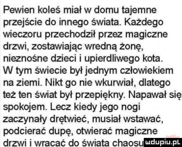 pewien koleś miał w domu tajemne przejście do innego świata. każdego wieczoru przechodził przez magiczne drzwi. zostawiając wredną żonę. nieznośne dzieci i upierdliwego kota. w tym świecie był jednym człowiekiem na ziemi. nikt go nie wkurwiał dlatego też ten świat był przepiękny. napawał się spokojem. lecz kiedy jego nogi zaczynały drętwieć musiał wstawać. podcierać dupę otwierać magiczne drzwi i wracać do świata chaosu