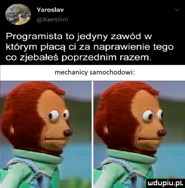 v i programista to jedyny zawód w którym płacą ci za naprawienie tego co zjebałeś poprzednim razem. mechanicy samochodowi