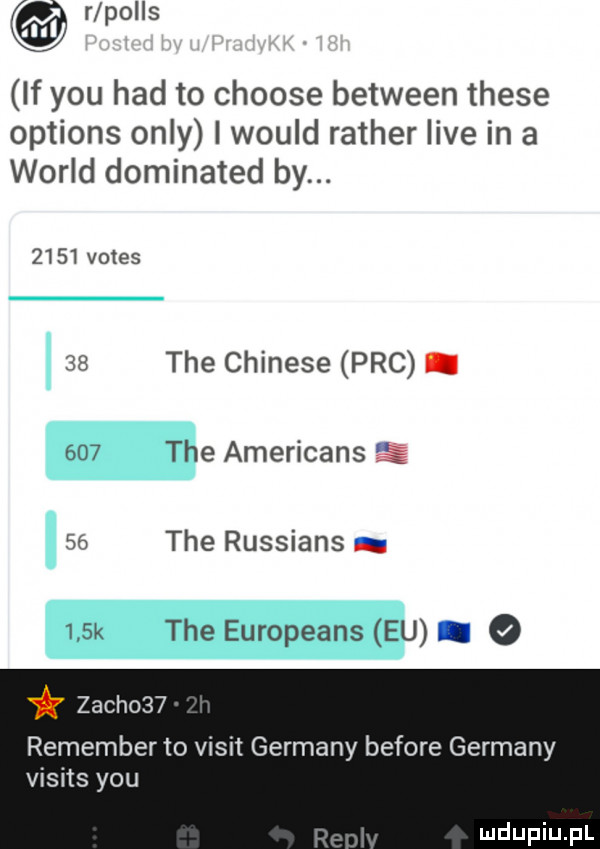 r polis if y-u hdd to choose between thebe options orly i would ratler live in a wored dominated by.      vates    tee chinese pac.     tee americans g    tee russians    k tee europeans eu. zocho   remember to vixit germany before germany visits y-u