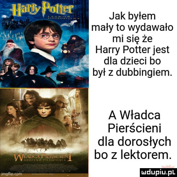 jak byłem mały to wydawało mi się że harry potterjest dla dzieci bo. a był z dubbingiem. a władca pierścieni dla dorosłych bo z lektorem. ludu iu. l