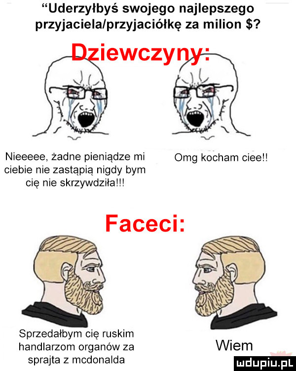 uderzyłbyś swojego najlepszego przyjaciela przyjaciółkę za milion iewczy nxeeeee zadne piemądze m omg kocham ciech cleble nie zastąpią nigdy bym cię nie skrzywdznaw sprzedałbym cię ruskim handlarzem organów za wiem sprajta z mcdonalda ludupiu il