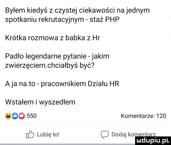 byłem kiedyś z czystej ciekawości na jednym spotkaniu rekrutacyjnym staż php krótka rozmowa z babka z hr padło legendarne pytanie jakim zwierzęciemchciałbyś być aja nato pracownikiem działu hr wstałem i wyszedłem oo     komentarze     lunięto dodaj n n