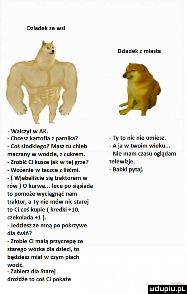 dziadek le wsi wildy w ak. oles kamila   pamuka cos slodklego mas tu chleb maczany w wodzie i cukrem. zrobić cl kusze jak w tej grze wożenia w niue z ilśćml. wjebaliście się traktorem w niw o kuma. lece po siąsiada to pomona wyplunąć nam traktor a ty nie mów nic starej to ci oas kupie kredki    czekolada  . zroble ci mdlą przytulę ze starego wózka dla dzieci m będziesl mial w czym piach woxlt. zabien dla starej droźdźe to coś ci pokaże dziadek z miasta  y m nl nie umlesl. a je w twoim wieku. nie mam su oglądam telewhje. babki pm