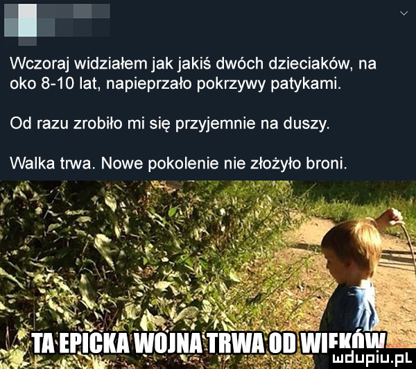 wczoraj widziałem jak jakiś dwóch dzieciaków na oko      lat napieprzało pokrzywy patykami. od razu zrobiło mi się przyjemnie na duszy. walka trwa. nowe pokolenie nie złożyło broni. n gna hejka liiwiliiiwi