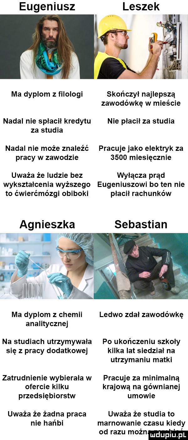 eugeniusz ma dyplom z filologi skończył najlepszą zawodówkę w mieście nadal nie splacil kredytu nie placil za studia za studia nadal nie może znaleźć pracuje jako elektryk za pracy w zawodzie      miesięcznie uważa że ludzie bez wyłącza prąd wyksztalcenia wyższego eugeniuszowi bo ten nie to ćwierćmózgi obiboki placil rachunków agnieszka sebastian. i ma dyplom z chemii ledwo zdal zawodówkę analitycznej na studiach utrzymywala po ukończeniu szkoly się z pracy dodatkowej kilka lat siedzial na utrzymaniu matki zatrudnienie wybierala w pracuje za minimalną ofercie kilku krajową na gównianej przedsiębiorstw umowie uważa że żadna praca uważa że studia to nie hańbi marnowanie czasu kiedy od razu możnm