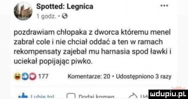 spotted legnica   godz pozdrawiam chlopaka z dworca któremu menel zabral cole i nie chciał oddać a ten w ramach rekompensaty zajebał mu harnasia spod ławki i uciekał popijając piwko. oo     komemarle    udostępniono   razy a. mm mm. arm lan u iu l