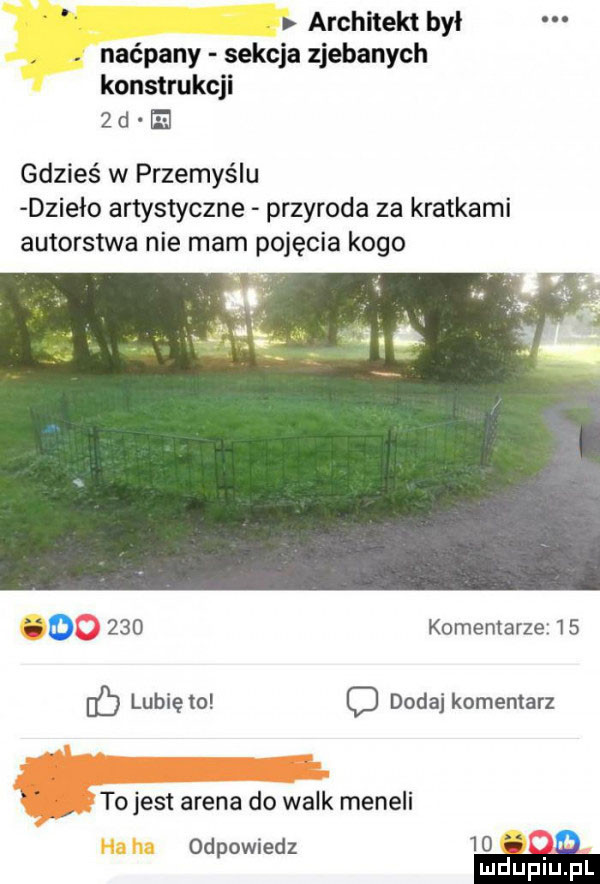 architekt był. naćpany sekcja zjebanych konstrukcji   d e gdzieś w przemyślu dzieło artystyczne przyroda za kratkami autorstwa nie mam pojęcia kogo v. ho     komentarze    fb lubię to dodaj komentarz tojest arena do walk meneli odpowiedz
