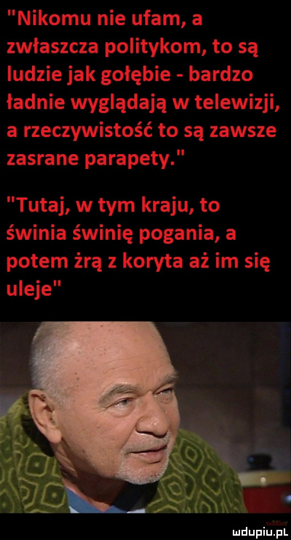 nikomu nie ufam a zwłaszcza politykom to są ludzie jak gołębie bardzo ładnie wyglądają w telewizji a rzeczywistość to są zawsze zasrane parapety tutaj w tym kraju to świnia świnię pogania a potem żrą z koryta aż im się uleje
