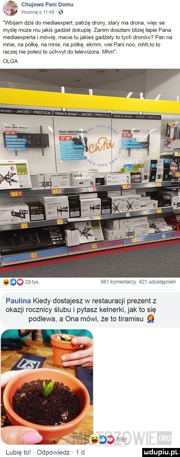 chujowa pani domu p wczorayohae wbijam dziś do mediaexpert patrzę drony siary ma grona więc se mysię moze mu jakiś gadżet dokupię zanim doszłam biizej iacie pana mediaexperta i mówię macie tu jakieś gadżety lo tych tronów pan na mnie. na półkę na mnie. na plikę ekmm wie pam neo. mch to to raczej nie polecl to uchwyt do teiewrzora. mhm olga a   tys     komentarzy     udostępniam paulina kiedy dostajesz w restauracji prezent z okazji rocznicy ślubu i pytasz kelnerki jak to się podlewa a ona mówi że to tiramisu q