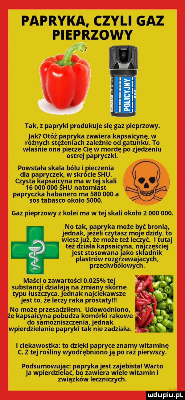 papryka czyli gaz piep rzowy tak. z papryki produkuje się gaz pieprzowy. jak otóż papryka zawiera kapsaicynę. w ró ych stężeniach zależnie od gatunku. to właśnie ona piecze cię w mordę po zjedzeniu ostrej papryczki. powstala skala bólu i pieczenia dla papryczek. w skrocie siu. czysta kapski na ma w tej skali            hu natomiast papryczka habanero ma         a sos tabasco okolo     . gaz pieprzowy z kolei ma w tej skali okolo   ooo    . no tak. papryka może być bronią jednak jeżeli czytasz maje dzidy to wiesz uz że moze też leczyć. i tutaj też ziala kapsaicyna najczęściej jest stosowana jako sk alnik plastrów rozgrzewajacych przeciwbólowych. maści o zawartości       tej substancji działają na zmiany skorne typu luszczyca ednak najciekawsze jest to. że leczy raka prostaty no może przesadzilem. udowodniono że kapsaicyna pobudza komórki rakowe. do samozniszczenia jednak wpierdzielanie papryki tak nie zadziala. lclekawostka to dzięki papryce znamy witaminę c. z tej rośliny wyodrębniono ją po raz pierwszy. podsumowując papryka jest zajebista warto ja wsierdzie ać bo zawiera wiele witamin i związków leczniczych