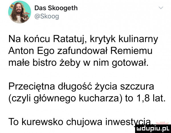 das skoogeth skoog na końcu ratatuj krytyk kulinarny anton ego zafundował ramiemu małe bistro żeby w nim gotował. przeciętna długość życia szczura czyli głównego kucharza to     lat. to kurewsko chujowa inwestﬂm